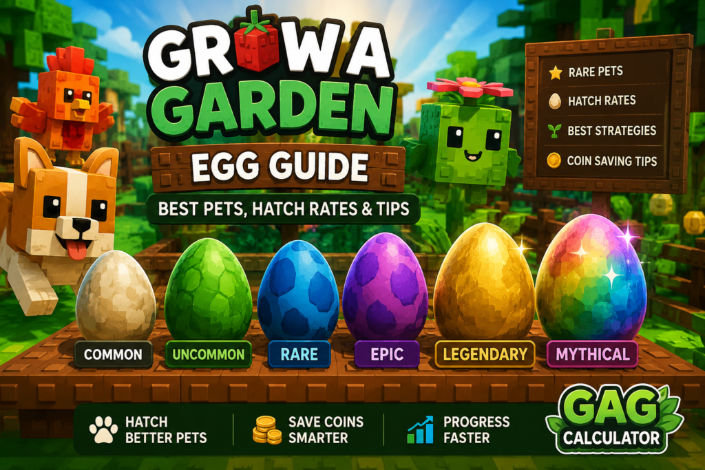 Grow a Garden Egg Guide showing common, rare, epic, legendary, and mythical eggs in Roblox