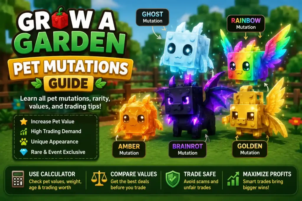 Grow a Garden Pet Mutations Guide showing Ghost, Rainbow, Amber, Brainrot, and Golden pet mutations